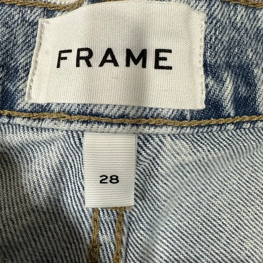 FRAME Le Slouch Bermuda Denim Shorts Acid Wash‎ Blue Button Fly Raw Hem Size 28
